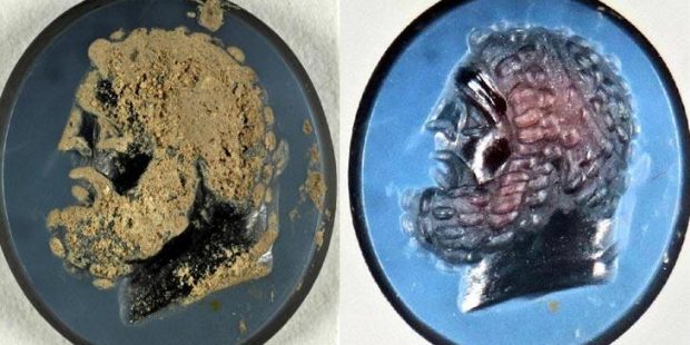 Herakles büstünün yer aldığı yüzük taşı, çamurundan arındı!